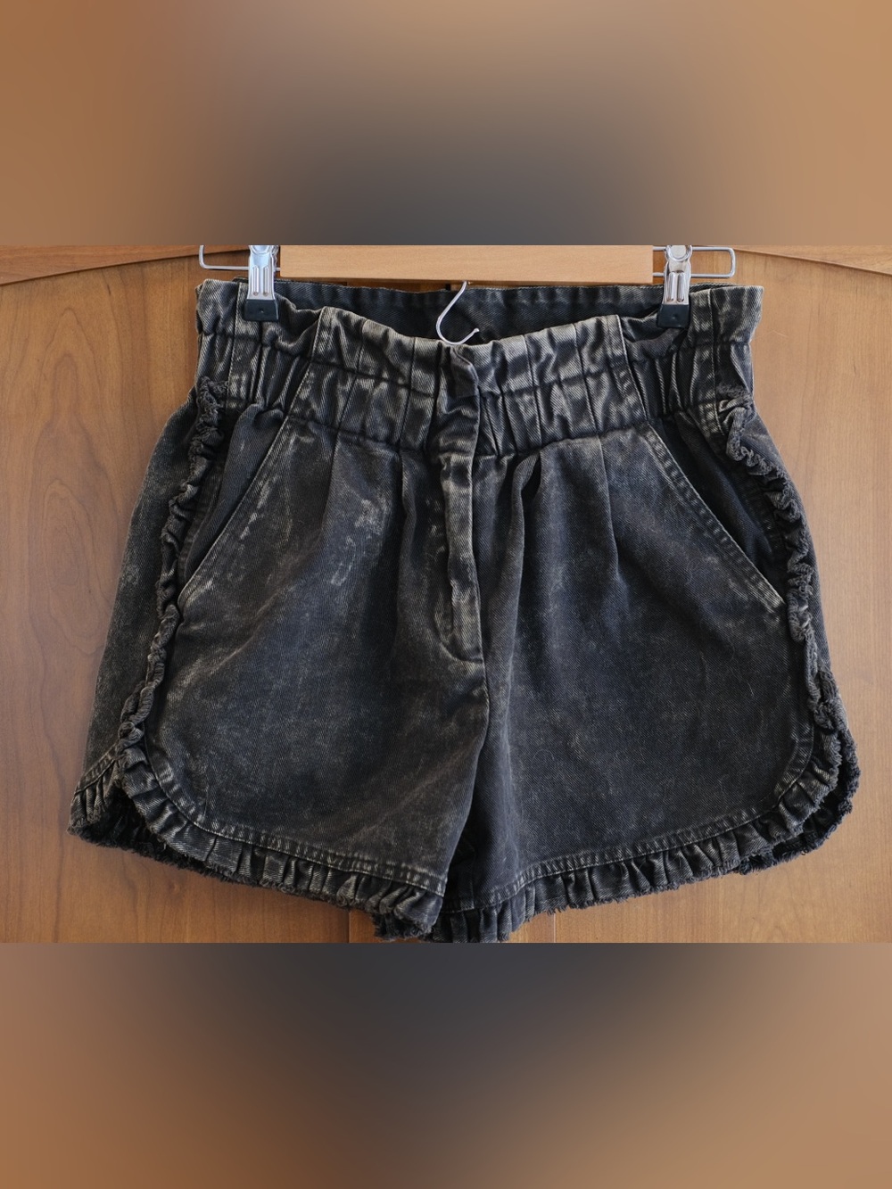 Sea New York Washed Black High-Waist Ruffle Hem Shorts